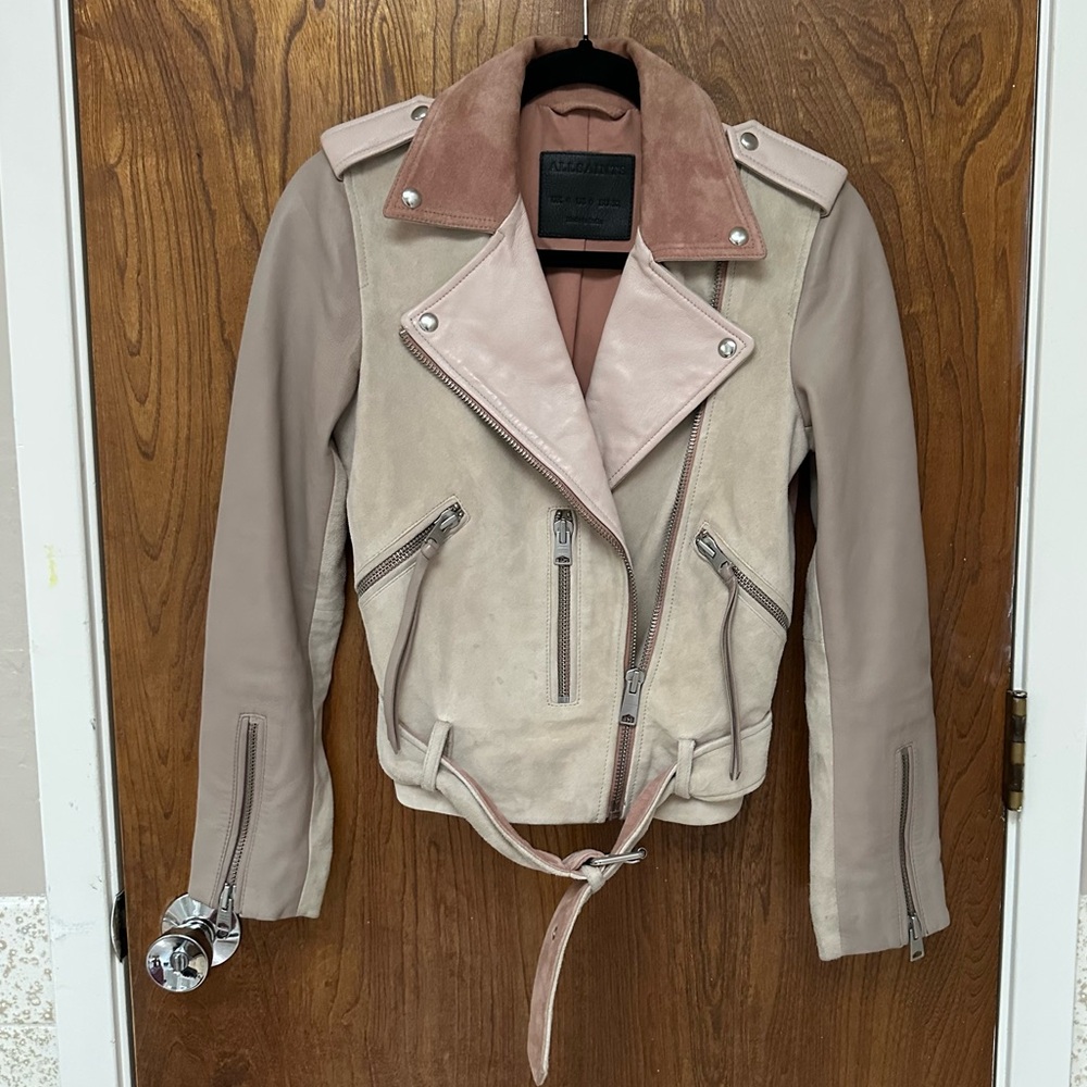 AllSaints Balfern Mix Leather Biker Jacket Colorblock
